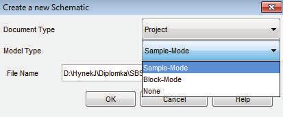 Obr. 7.3: Volba druhu nového projektu. Obr. 7.4: Nastavení simulace. Obr. 7.3 popisuje první krok vytvoření simulace, kde se volí druh dokumentu a simulace a zároveň pozice ukládaní simulace a jejich výsledků.