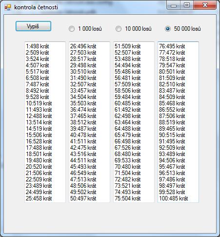 obrázek 1: formulář aplikace kontrola četnosti - výpis četností losování čísel od 1 do 100, pro 50000 provedených losování 3.