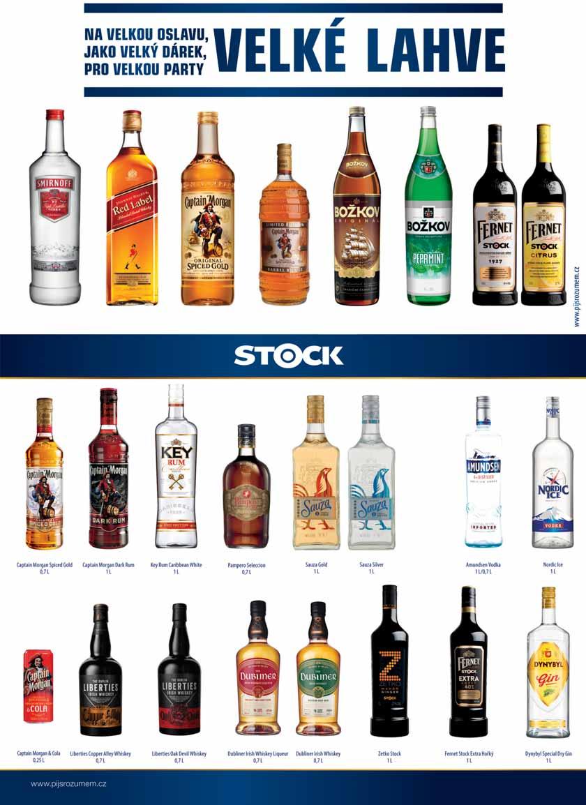 Smirnoff Red 37,5% 4 x 3 l Johnnie Walker Red Label 40% 3 x 3 l Captain Morgan Original Spiced Gold 35% 4 x 3 l Captain Morgan Original Spiced Gold 35% 6 x 1,5 l Božkov Originál 37,5% 4 x 3 l Božkov