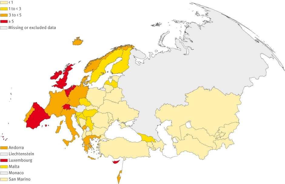 Počet nových případů HIV infekce u mužů majících sex s muži, rel. na 100000 obyvatel 2010 (ECDC) http://ecdc.europa.