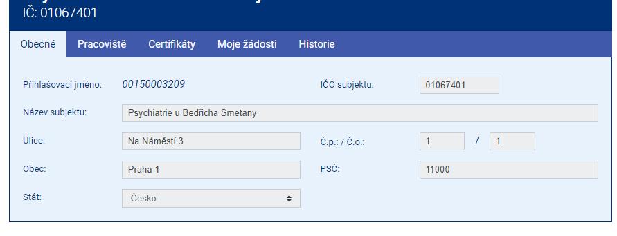 Správa identit Po přihlášení do portálu se zobrazí Detail subjektu, kde můžete vybírat z odrážek Obecné Pracoviště