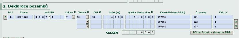 V rámci editace je možné kdykoli přidat řádek k danému DPB, popřípadě přidat DPB. Pole označeno X daný řádek nebo daný DPB eliminuje.