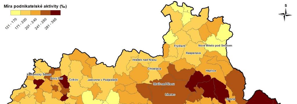 Mapa 1.2: Míra podnikatelské aktivity v Libereckém kraji v roce 2016 Zdroj: ČSÚ, Registr ekonomických subjektů (RES) 2016. Pozn.