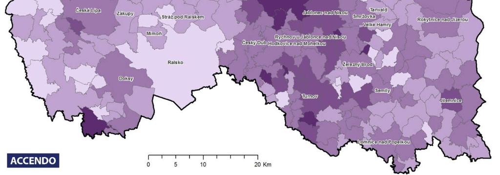 Graf 1.8: Podíl obyvatel dle vzdělání na celkovém počtu obyvatel starších 15 let v Libereckém kraji v letech 1995-2015 Zdroj: ČSÚ, Výběrové šetření pracovních sil 2010-2015. Mapa 1.
