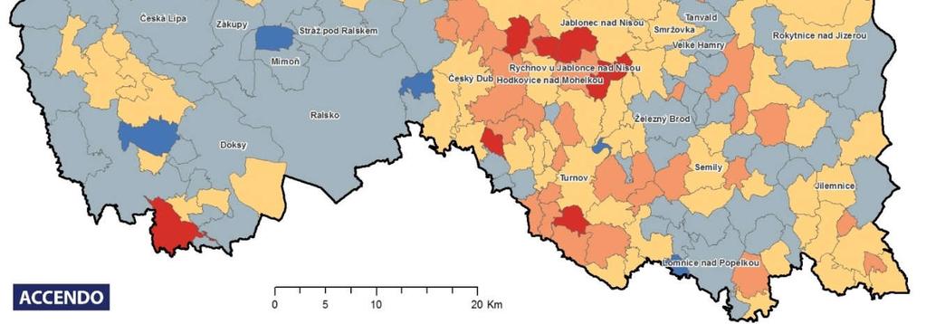 Mapa 1.4: Změna podílu obyvatel s VŠ vzděláním v Libereckém kraji mezi roky 2001 a 2011 Zdroj: ČSÚ, SLDB 2001 a 2011. Názvy jsou zobrazeny u obcí/měst s více než 2000 obyvateli. Pozn.