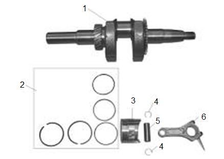 Olejová zátka Oil cap 1 710004001 Kliková hřídel Crankshaft 2 710004002 Pístní kroužky sada Piston ring set 3 710004003