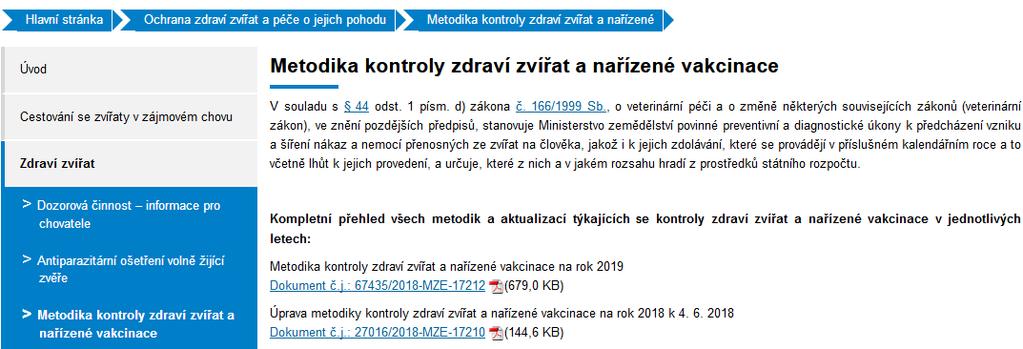 Metodika kontroly zdraví zvířat a nařízené vakcinace SVS každoročně aktualizuje a předkládá ke schválení MZe Vyvěšuje se na úřední desce MZe