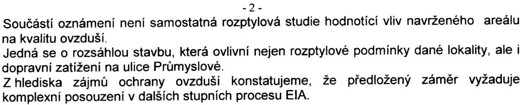 - 2 - Souèástí oznámení není samostatná rozptylová studie hodnotící vliv navrženého areálu na kvalitu ovzduší.