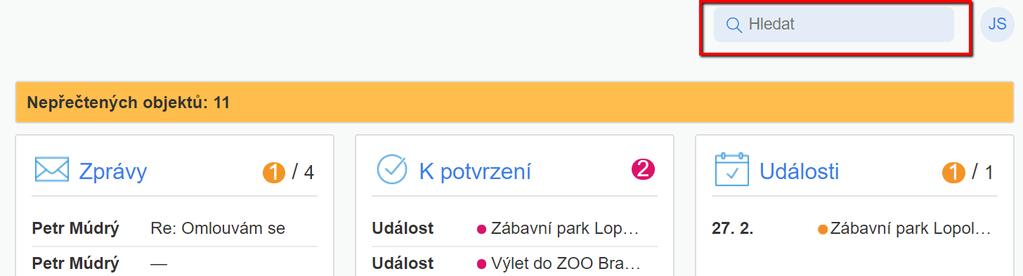 Obr.: Vyhledávání zpráv pomocí lupy Hodnocení V sekci Hodnocení mohou rodiče sledovat prospěch svého dítěte a jeho chování (podobně jako v žákovské knížce).