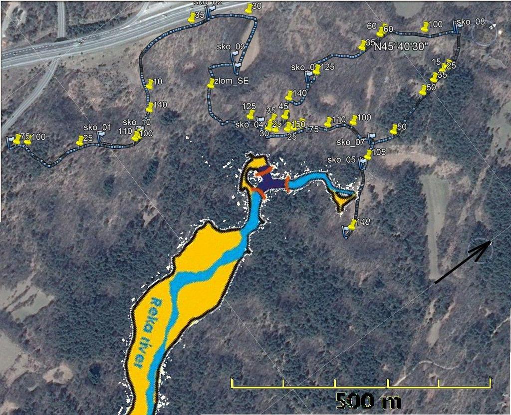 Obr. 4 Mapa profilů severně a severozápadně od Martelovy dvorany. Připínáčky označují polohy nalezených utin a jeskyní. Čísla udávají hloubku. Fig.