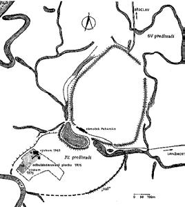 Archeologie doby hradištní v České a Slovenské republice Literatura Obr. 9. Břeclav-Pohansko. Jihozápadní předhradí s vymezením průběhu valu. Kresba A. Šik Abb. 9. Břeclav-Pohansko. Südwestliche Vorburg mit Abgrenzung des Verlaufs der Wälle.