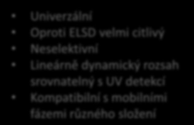 Corona Charged Aerosol Detector (Corona CAD) výstup z chromatografické kolony zmlžovač (vytvoří se aerosol) elektrometr Princip: Pracuje na principu detekce kladně nabitých částic, které mají