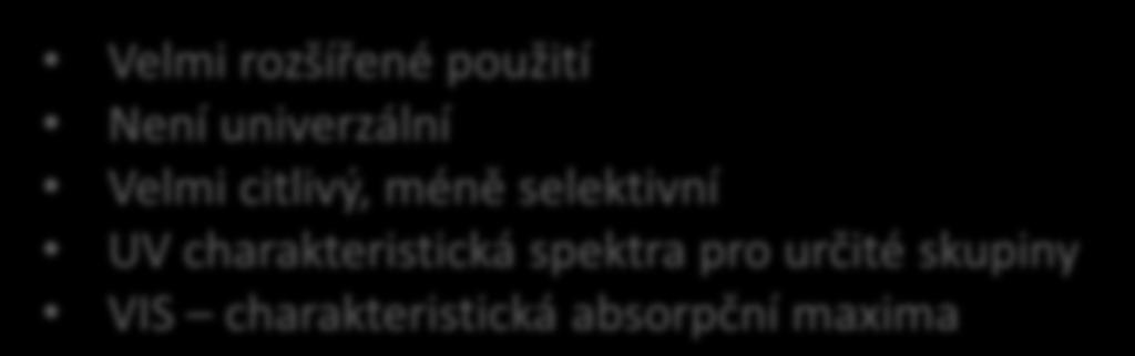 Spektrofotometrický detektor (UV/VIS) Ultraviolet = UV, Visible = VIS, v češtině viditelná oblast = VID Popis: Velmi rozšířené použití Není univerzální Velmi citlivý, méně selektivní UV