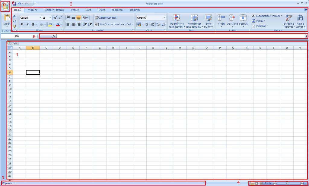 Obrázek 4 Největší změnou prošla ovládací lišta, která je oproti MS Office 2003 úplně jiná v tom smyslu, že funkce zůstaly zachovány, avšak změnilo se jejich rozložení. 2. Sešit 2.