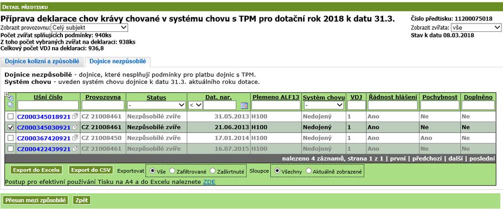 Pokud žadatel souhlasí s nabídnutým seznamem zvířat na záložce Zvířata způsobilá/zvířata kolizní a způsobilá, datová sada je připravena k odeslání bez dalších úprav tlačítko Odeslat do přípravy na