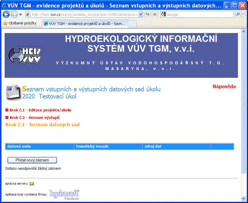 HEIS VÚV Evidence úkolů 14 Po kliknutí na Krok č.3 - Seznam datových sad (5) viz předchozí obr.