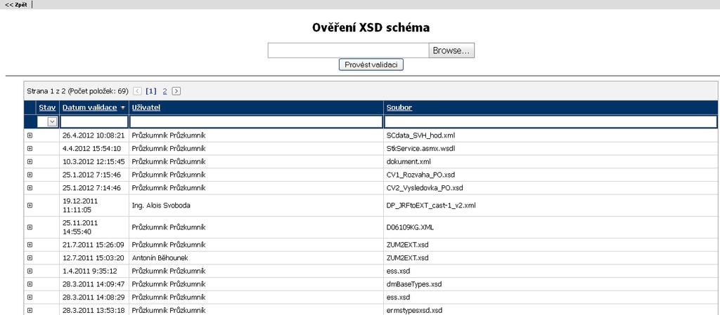 11 Ověření XSD schéma Obrazovka je dostupná z menu pod odkazem Ověření XSD Schéma. Slouží pro kontrolu XML souboru schématu DS. Obrazovka Ověření XSD schéma Obrazovka zobrazí seznam námětů.