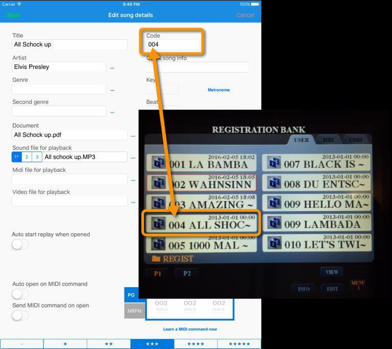 5.3 Propojení skladby v SongBook+ s registrací v keyboardu Vložte do políčka Kód ( Code ) tříčíselný kód odpovídající registrační banky.