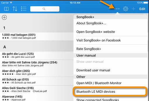 SongBook+ je vybaven funkcí Bluetooth LE MIDI zařízení pro připojení k adaptéru.