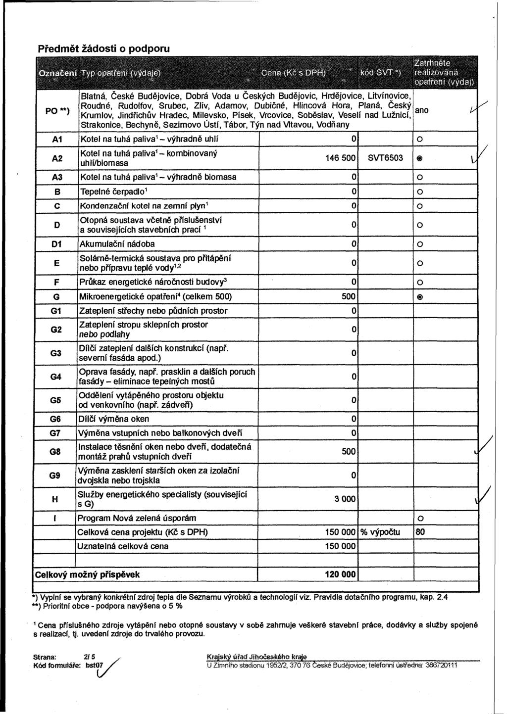 Předmět žádosti o podporu značení Typ opatření (výdaje) P**) A1 A2 A3 B C D Dl E F G G1 G2 G3 G4 G5 G6 G7 Cena (Kč s DPH) Zatrhněte ' kód SVT *) realizovaná opatření (výdaj) Blatná, České Budějovice,