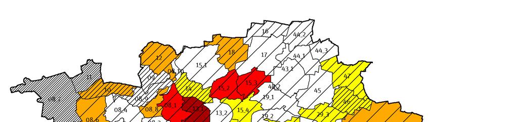 Mapa 04 znázorňuje oblasti s počtem obyvatel s nevyhovující (špatnou) dostupností dětských hřišť. Na obrázku intenzita žluto oranžové červené barvy roste s počtem obyvatel s nevyhovující dostupností.