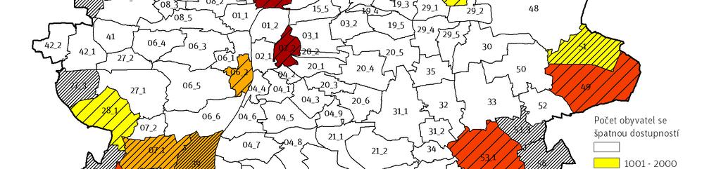 Upozornit je rovněž třeba na oblasti, kde počet obyvatel se špatnou dostupností je vyšší než 1000, již bez ohledu na to, v jakém podílu jsou tito obyvatelé v daném územním celku zastoupeni.