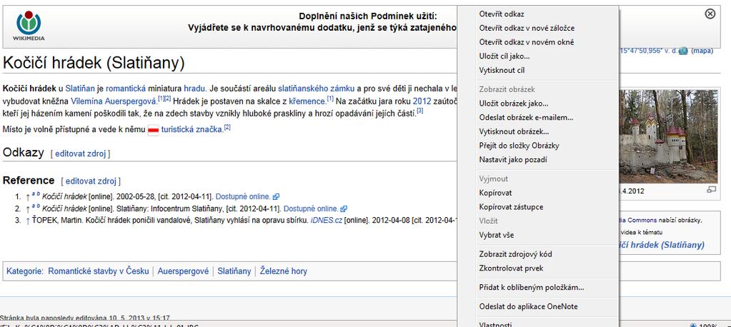 Vložení obrázku Nalezneme obrázek na Wikipedii na obrázku klikneme pravým tlačítkem myši objeví se nabídka a vybereme položku