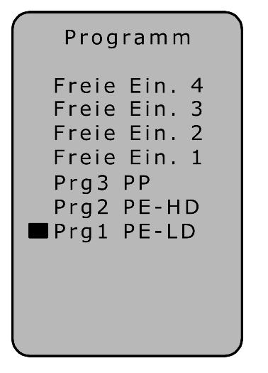 Parametry svařování Menu Výběr programu Volba Volné nastavení 1-4 Zadání Program: Zobrazení materiálů se může podle verze přístroje a softwaru lišit.