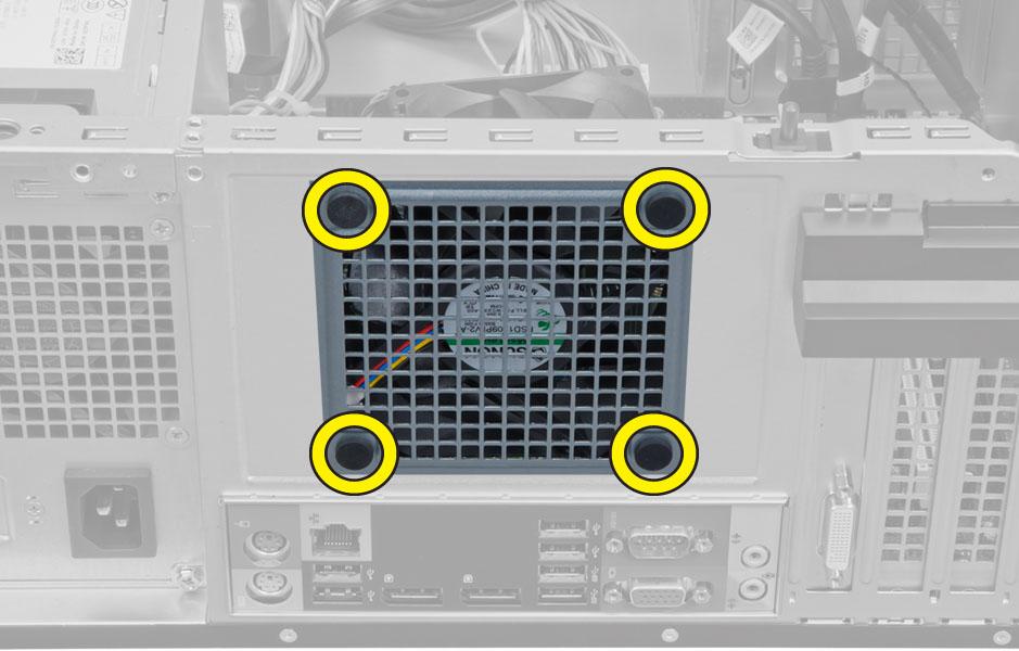 Montáž systémového ventilátoru 1. Umístěte systémový ventilátor do skříně. 2. Protáhněte čtyři průchodky skrze skříň a posuňte je směrem ven dle drážek. 3.