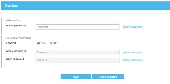 password nastavení nového hesla pro webový přístup imm (iels Multimedia) Admin password heslo k aministrátorskému účtu User password heslo k