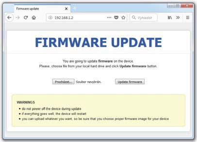 Stažený firmware pomocí výběru souboru naleznete ve vašem počítači a tlačítkem upload jej nahrajete do RFPM2.