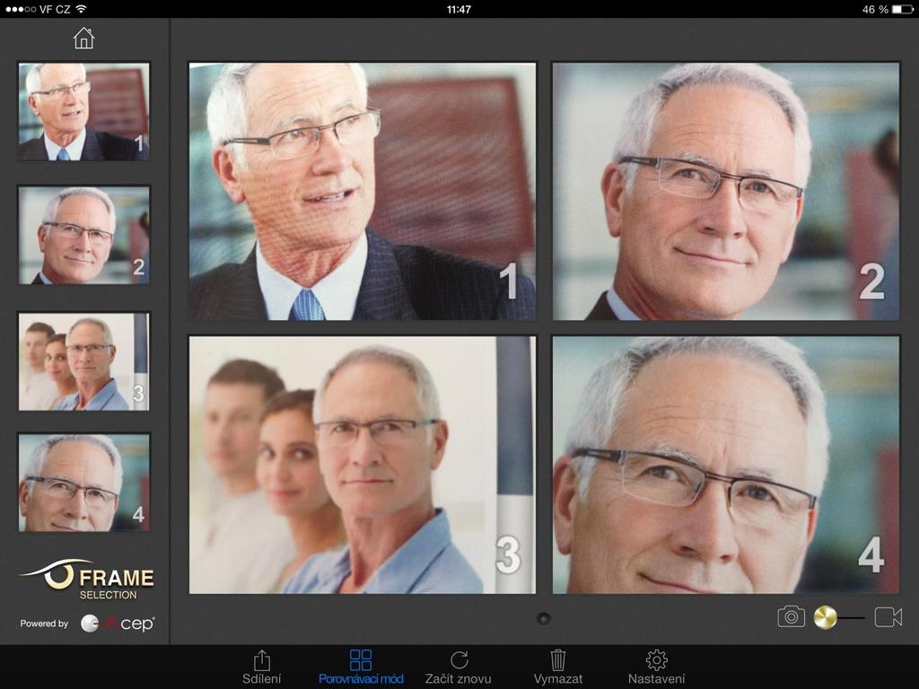 Výběr obruby První v nabídce je ikona výběr obruby. Zde je možné zákazníkovi nabídnout formou fotografií nebo krátkého videa zpětně se podívat na nabízené a vyzkoušené brýlové obruby.