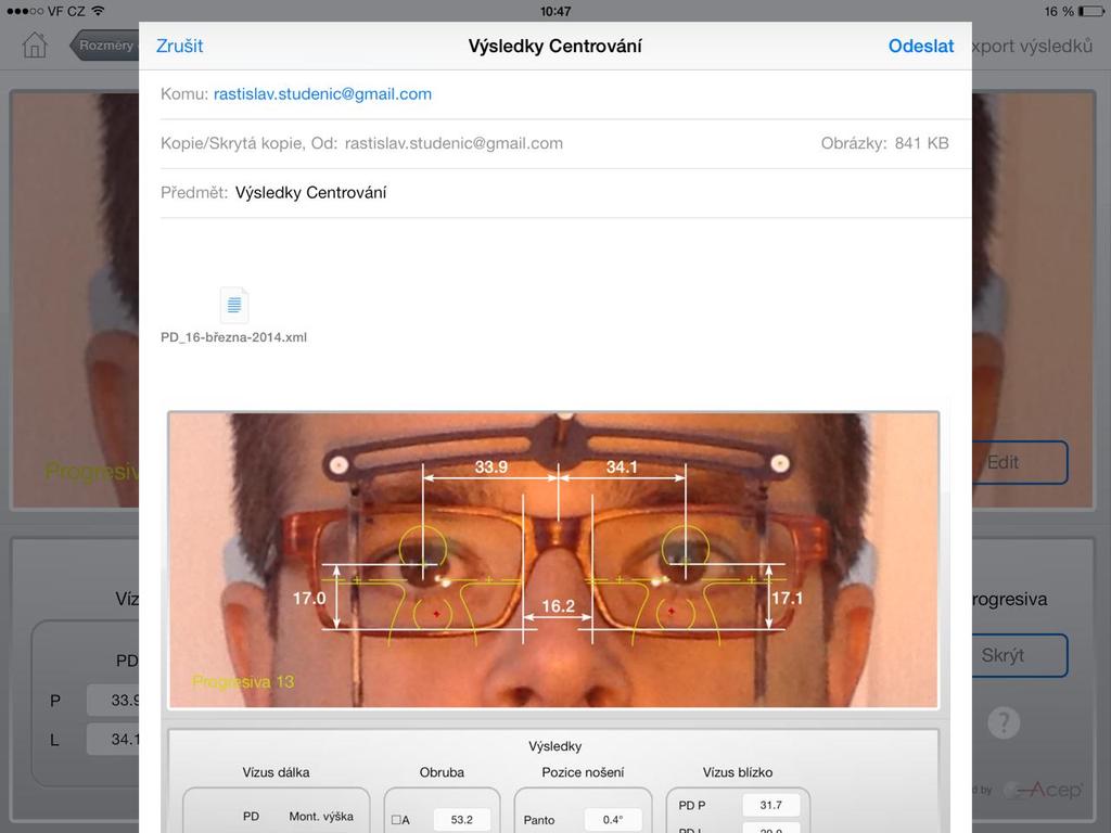 Další výhodou je možnost odeslat e-mailem obrázek z provedeného měření. Touhle variantou si může optik případně poslat měření do centrální databáze, hlavně pokud má více provozoven.
