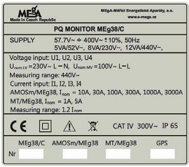 PQ monitor MEg38/C uživatelský návod Obr. 8: Výkonnostní štítek PQ monitoru MEg38/C Vysvětlivky k výkonnostnímu štítku Výkonnostní štítek monitoru, viz obr. 8, je umístěn na jeho zadní straně.