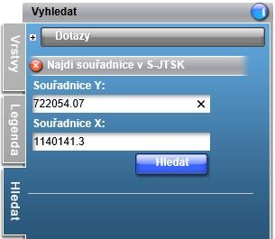 Kliknutím na Najdi souřadnice v S-JTSK se zobrazí 2 řádky