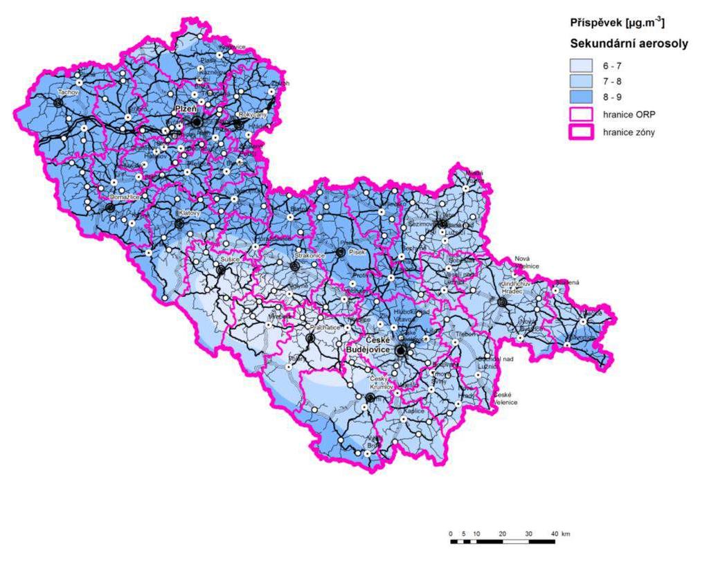 Obrázek 45: Příspěvek Sekundárních aerosolů k průměrné roční koncentraci PM 10, zóna CZ03 Jihozápad Zdroj: ČHMÚ C.7.