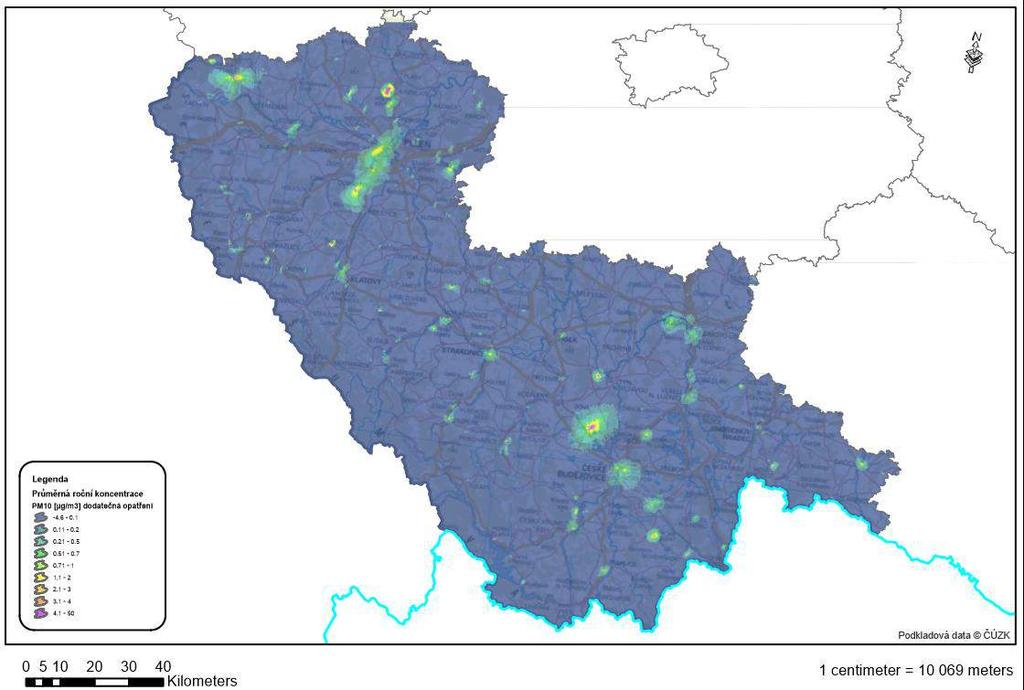 průměrné roční koncentraci PM 10 po aplikaci opatření navržených PZKO,