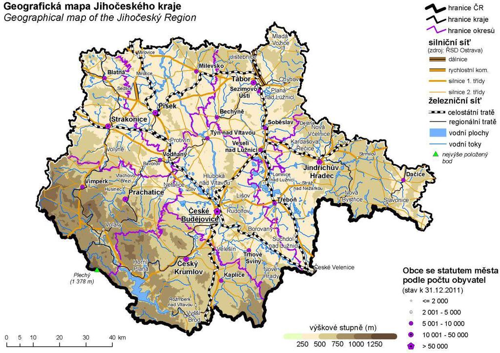 Obrázek 3: Geografická mapka Jihočeského kraje Zdroj: ČSÚ, 2012 Lokace měst V kraji je celkem pět měst, ve kterých je počet obyvatel vyšších než 20 000.