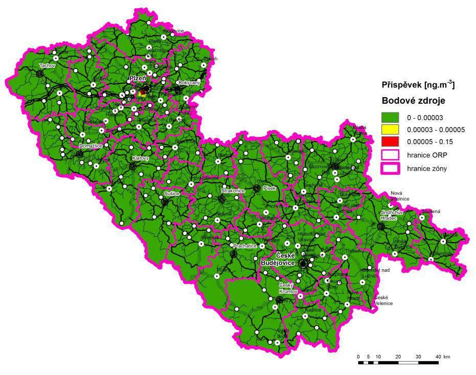 Obrázek 40: Příspěvek skupiny mobilních zdrojů (Doprava) k průměrné roční koncentraci benzo(a)pyrenu, stav roku 2011, zóna CZ03 Jihozápad Obrázek 41: Příspěvek skupiny