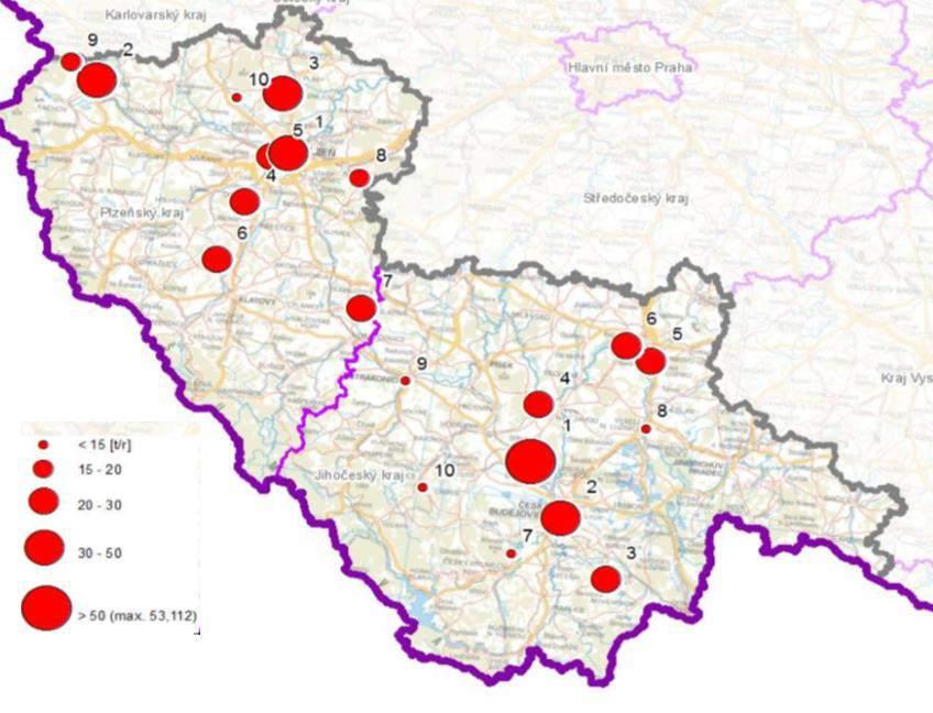 Obrázek 42: Provozovny vyjmenovaných zdrojů s nejvyššími emisemi tuhých znečišťujících látek, stav roku 2011, zóna CZ03 Jihozápad Zdroj dat: ČHMÚ C.6.