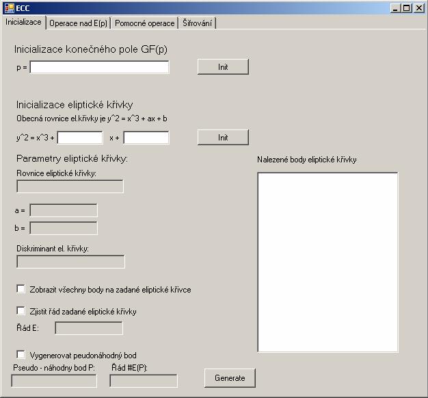 V části inicializace eliptické křivky je potřeba zadat koeficienty eliptické křivky a a b do uvedených textboxů.