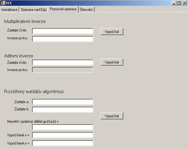 11.3 Záložka omocné operace V této záložce viz. Obr.11.3. nalezneme tyto funkce: multiplikativní inverze aditivní inverze rozšířený euklidův algoritmus ro provedení je nutné pouze zadat hodnoty