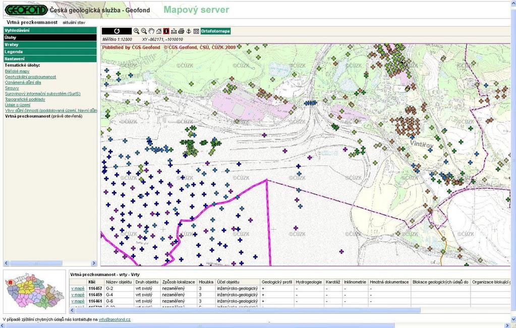 Přímý vstup z mapového serveru do kartotéky umožňuje také tematická úloha Vlivy důlní činnosti v rámci aplikace na adrese http://www.geofond.cz/mapsphere/mapwin.aspx?