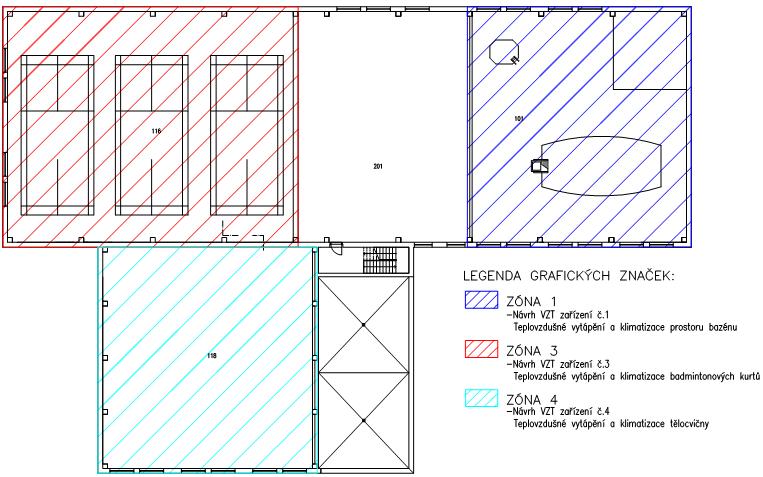 Část C Experimentální řešení Obr. 5.5.2 Rozdělení objektů do jednotlivých zón v 2NP Vzduchotechnický systém je rozdělen do čtyř zařízení.