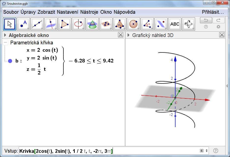 Obrázek 48: Zobrazení šroubovice v GeoGebře PŘÍKLAD 8.2. Zobrazte Vivianiho křivku, danou bodovou rovnicí X =[1+cost, sin t, 2sint/2], pro t 2π, 2π. 8.2 Tečna křivky Při zápisu tečny křivky k dané rovnicí X = X(t) vboděx(t 0 ) použijeme parametrické vyjádření přímky.