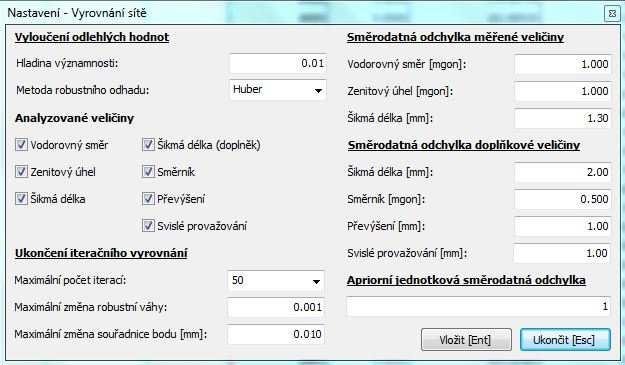 7.2.5 Nastavení vyrovnání, uložení projektu Před samotným vyrovnáním byly nastaveny základní vstupní hodnoty pro vyrovnání sítě (Hlavní Nastavení Vyrovnání), což je vidět na Obr. 24.