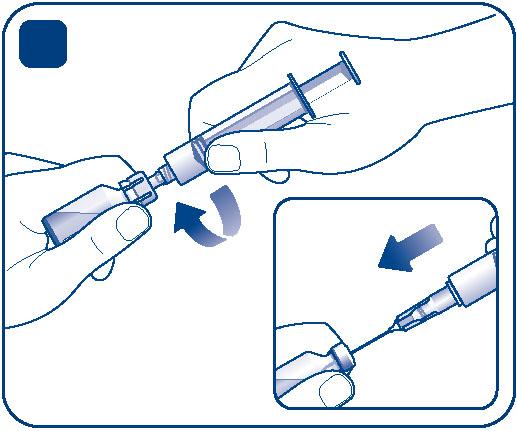 E F Nasaďte injekční stříkačku s adaptérem na injekční lahvičku s práškem.