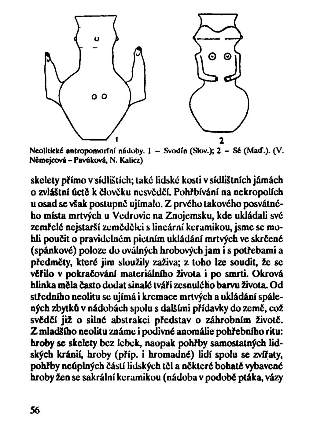 Neolitické antropomorfní nádoby. 1 - Svodín (Slov.); 2 - Sé (Maď.). (V. Němejcová - Pavúková, N.