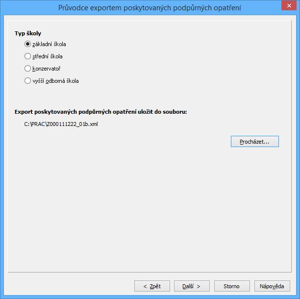 2. krok zadání typu školy a umístění souboru s exportem dat Ve 2.