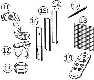 Accessories 1. Exhaust hose 2. Hose adaptor (goes over the hose and into the window kit). 3. Connector for exhaust pipe and unit. 4. Slide 1 - for filling the open window space 5.